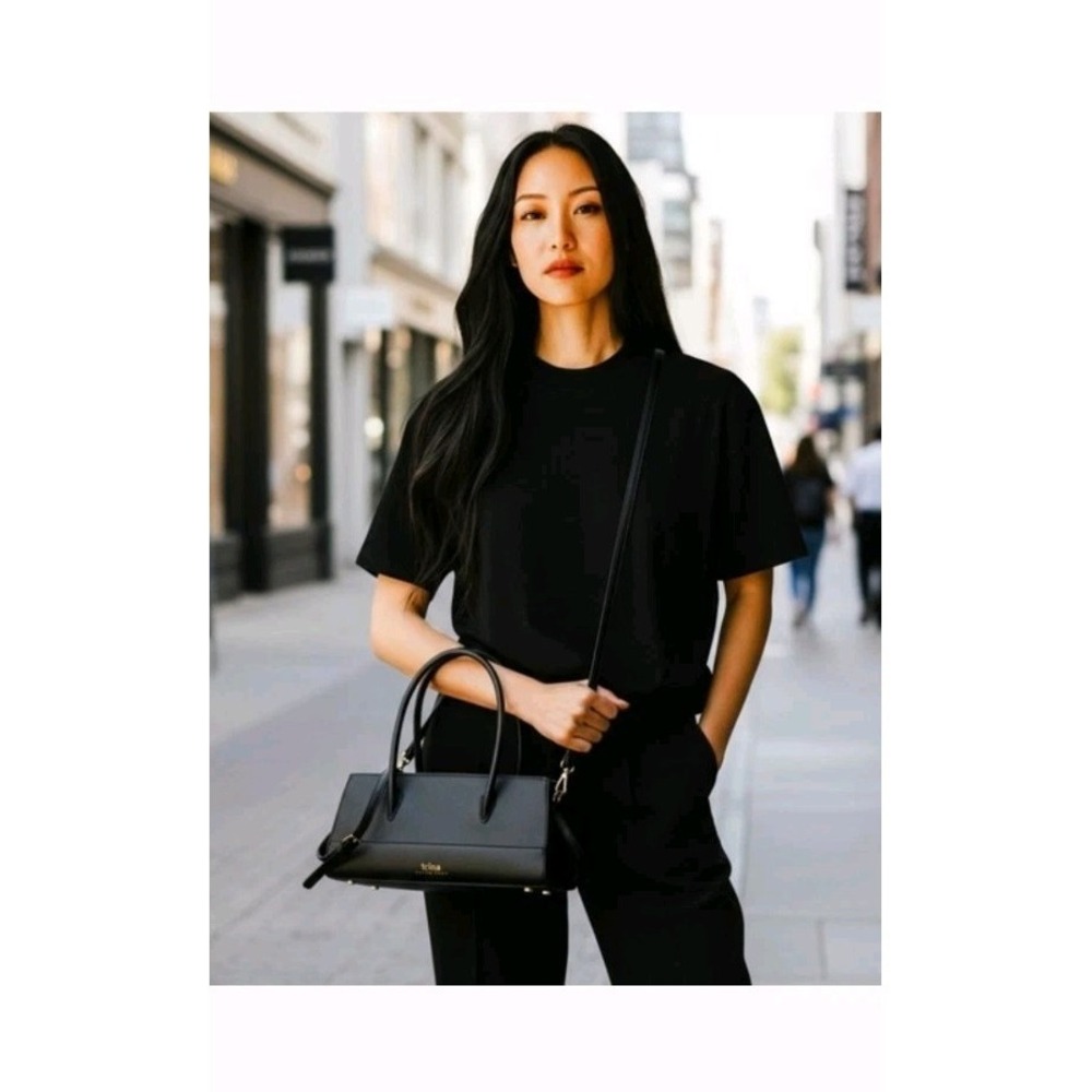 Trina Turk Black Vegan Leather Shoulder Bag Crossbody Strap Business Career